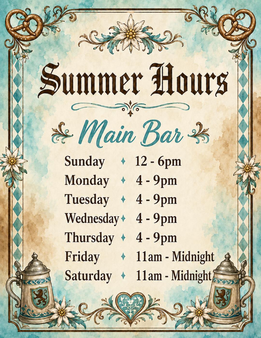Main Bar Summer Hours